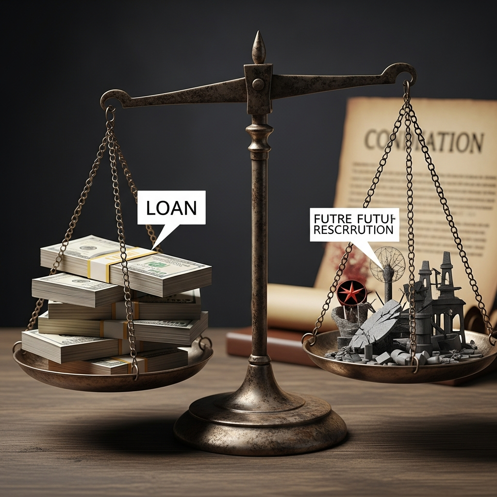 전쟁 배상금과 대출 상환 조건을 상징하는 정의의 저울
