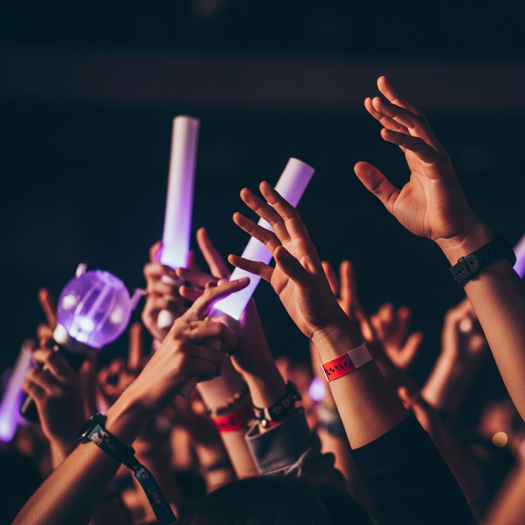 手持闪亮应援棒的各色粉丝，象征着坚实的纽带和热情