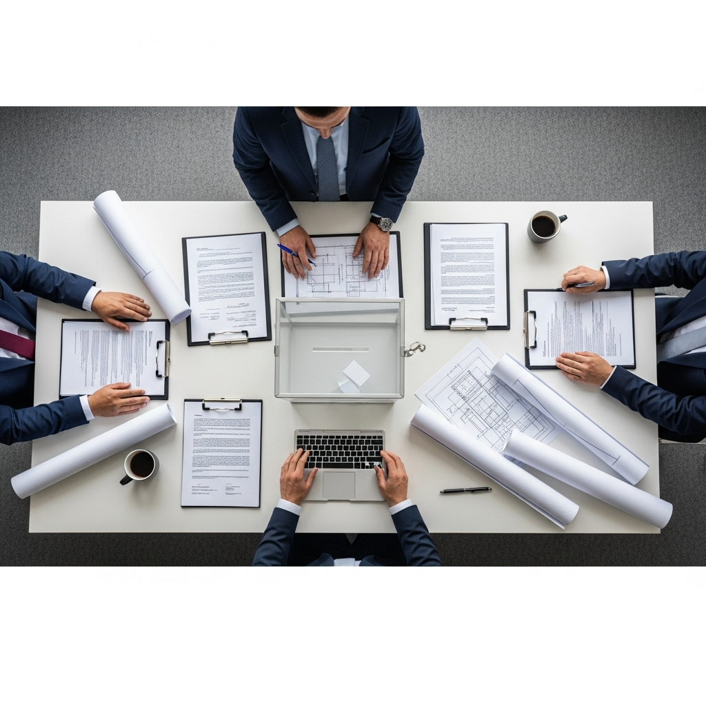 행정통합에 필요한 복잡한 법적, 행정적 절차를 나타내는 서류와 투표함