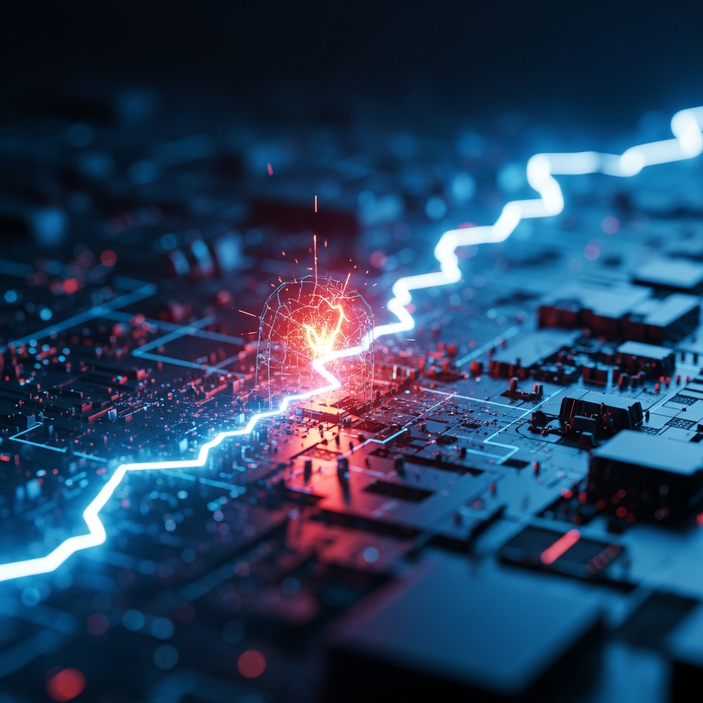 복잡한 디지털 시스템에 균열이 가 있어 시스템 리스크를 상징하는 이미지