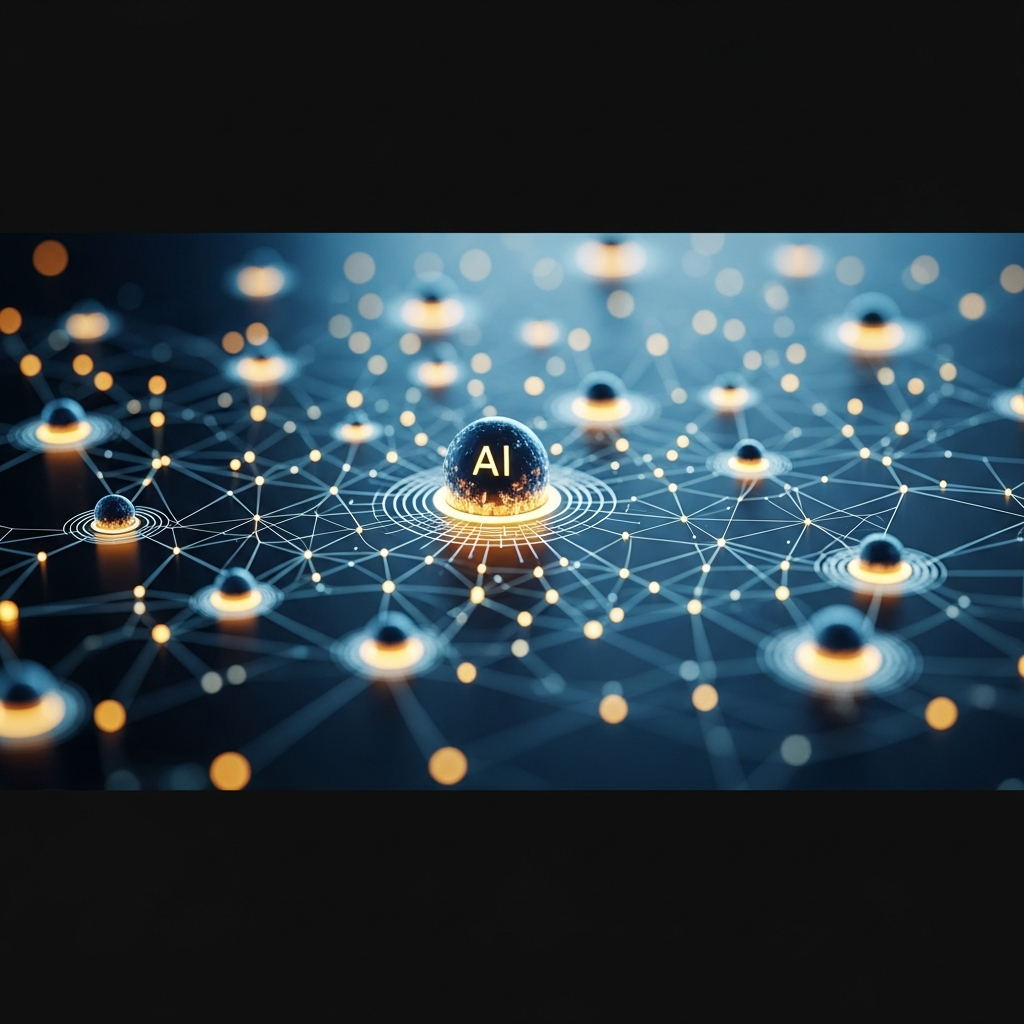 자율 AI 에이전트들의 상호작용을 시각화한 복잡한 디지털 네트워크