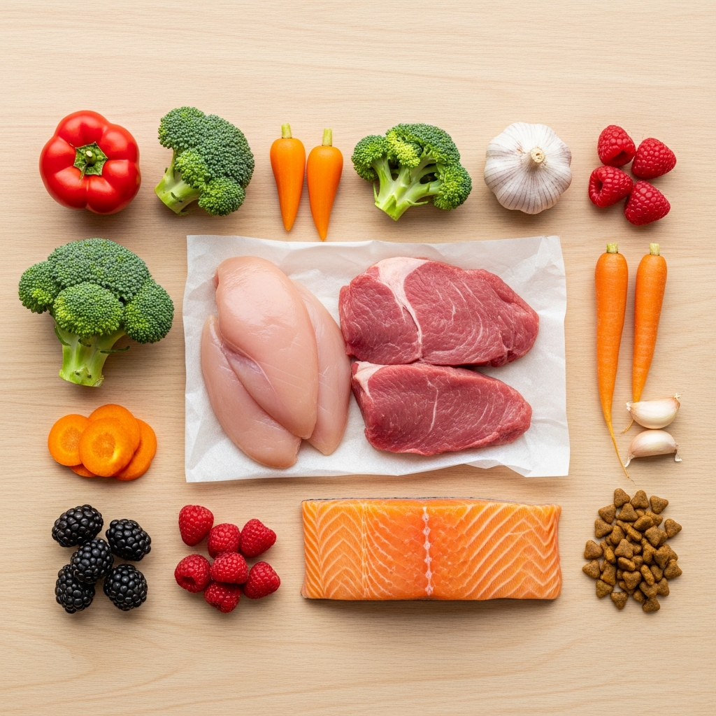 신선하고 유기농 재료로 구성된 프리미엄 펫푸드 재료