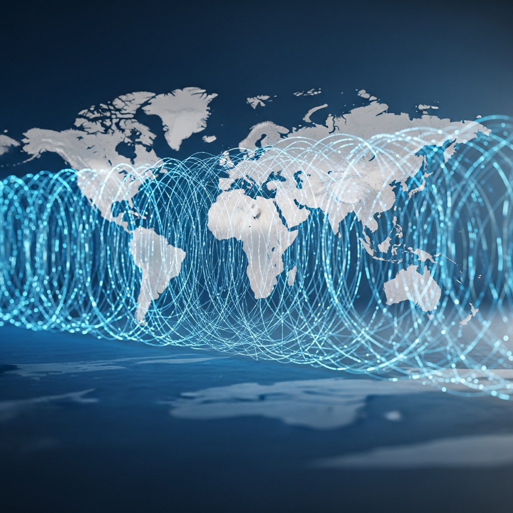 디지털 시대의 비관세 장벽과 무역 압박을 나타내는 추상적인 시각화