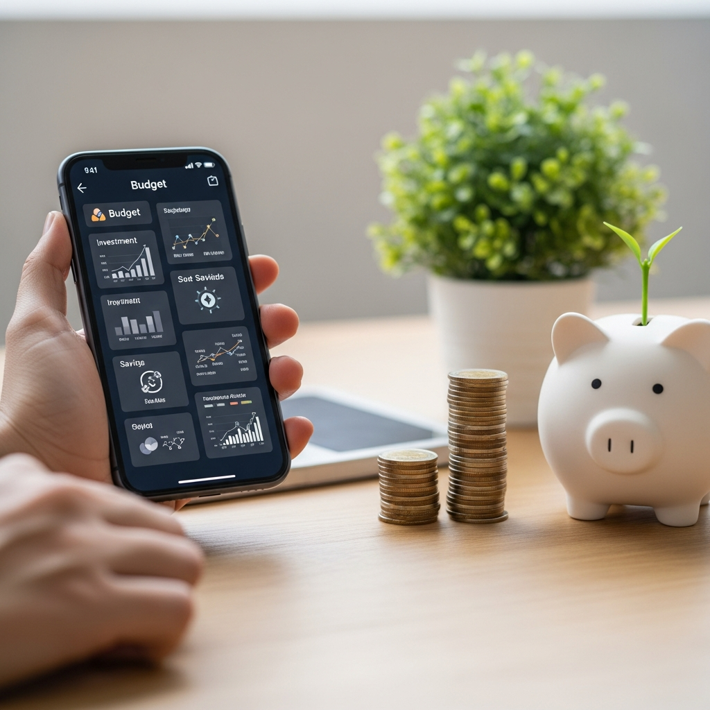 MZ세대의 모바일 앱을 활용한 재테크와 절약을 상징하는 이미지